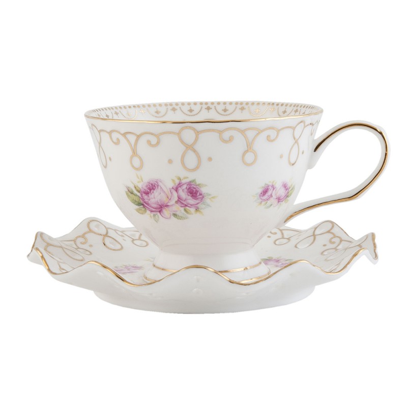 White, Pink & Gold Trim Tea Cup with Scalloped Saucer