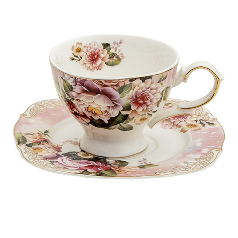 Dark Pink & Peony Floral Tea Cup with Saucer