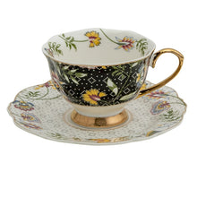 Load image into Gallery viewer, Black, White &amp; Gold Trim Tea Cup with Saucer
