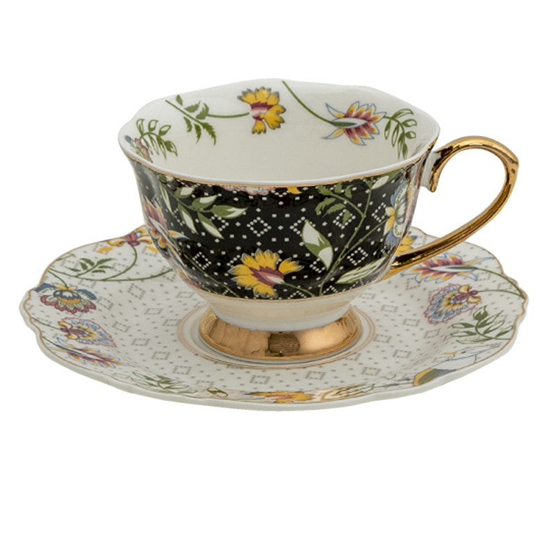 Black, White & Gold Trim Tea Cup with Saucer